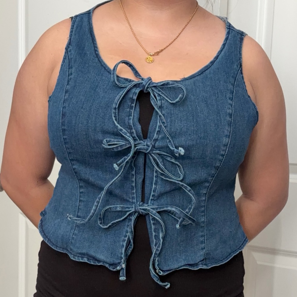 SHEIN Blue Denim Lace-Up Blouse